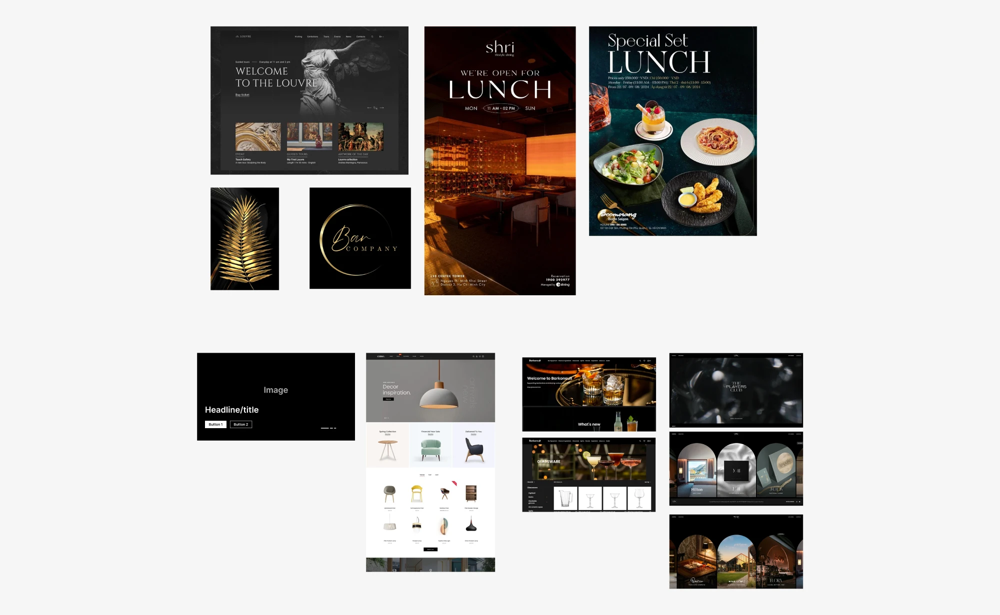 Artboard featuring luxury graphic elements in dark, gold colors
